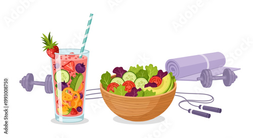 Healthy lifestyle elements with fresh salad smoothie and fitness equipment.