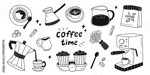 Hand Drawn Coffee Time Doodle Elements Set with Espresso Maker Cups and Accessories