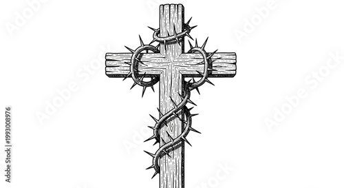 Vintage style engraving illustration of a wooden Christian cross wrapped in a crown of thorns.