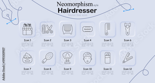 Hairdresser set icon. Salon shop, scissors, comb, razor blade, brush, clipper, cream, mirror, client chair, hairstyle, spray, straightener, barber tools, beauty service, grooming.