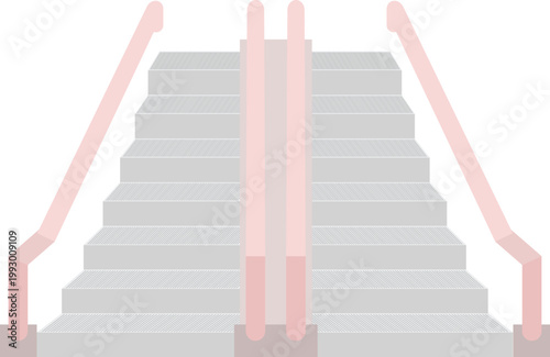 Flat design vector of a wide set of stairs with a central divider and pink handrails. This symmetrical staircase illustration symbolizes career advancement, stepping up, and progress