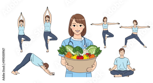 Medical professional holding healthy vegetables with people doing yoga exercises.