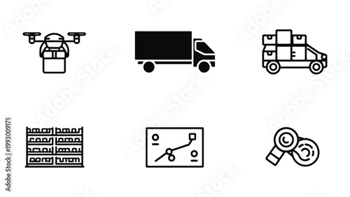 Modern Logistics Icons: A concise graphic collection representing diverse modes of transport and operations within the world of modern logistics.