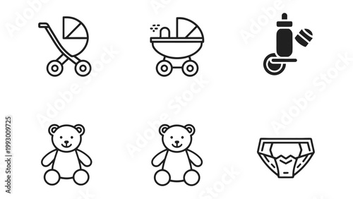 Baby Essentials Icon Set: A collection of simple, black and white line icons representing various baby essentials, perfect for illustrating the needs and comforts of infancy.