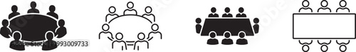 People at table icons set, round and square meeting tables, teamwork and business collaboration vector.