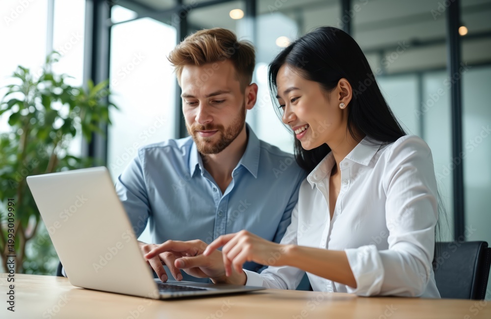 Fototapeta premium Two coworkers collaborate on laptop in modern office. Man and woman discuss project details, smiling while looking at screen. Teamwork in bright workspace planning business strategy together.