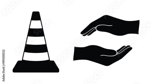 Traffic cone and offering hands depicted in stark black silhouette
