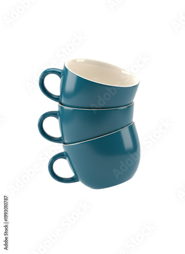 three stacked, glossy teal ceramic cups with cream-colored interiors, arranged vertically, Isolated on transparent background, 3D render style