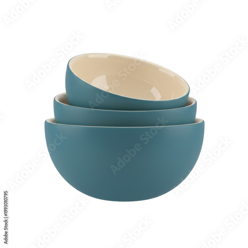 Three blue ceramic bowls stacked, with one bowl tilted and revealing a creamy beige interior, Isolated on transparent background, 3D render style