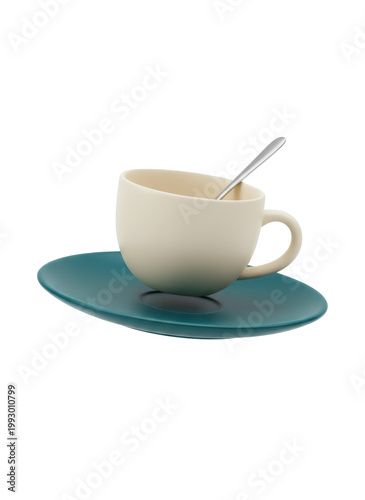 a beige ceramic coffee cup with a silver spoon resting on a teal saucer, Isolated on transparent background, 3D render style