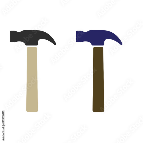 Minimal illustration of two claw hammers side by side, one with beige handle and black head, the other with dark brown handle and dark blue head, symbolizing construction and repair tools.