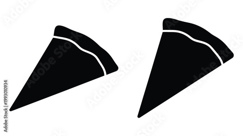 Two black pizza slices displayed against a white background silhouette