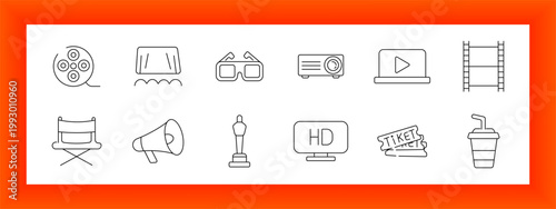 Cinema entertainment set icon. Film reel, stage curtain, 3d glasses, projector device, video play screen, ladder, director chair, megaphone, award statue, display monitor, ticket stubs