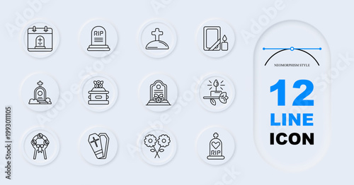 Funeral memorial set icon. Line style icons display grave calendar, tombstone rip, cross grave, mirror candle, cemetery stone, urn coffin, memorial monument, candle leaves, wreath ribbon