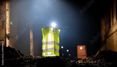 A high-visibility safety vest illuminated by a bright light in a dark, industrial, or construction environment.