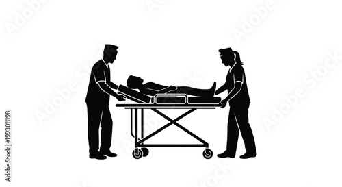 Medical emergency, stretcher, paramedics, black silhouette, vector graphics