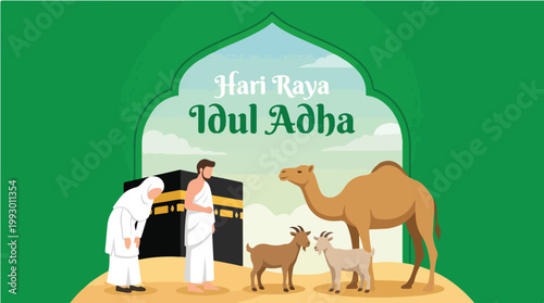 The Feast of Sacrifice celebration with traditional animals and people in front of Kaaba