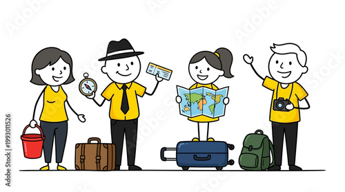 Happy Family Ready for Vacation with Luggage and Travel Essentials