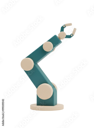 teal robotic arm with beige joints and spherical bases, reaching upward, Isolated on transparent background, 3D render style