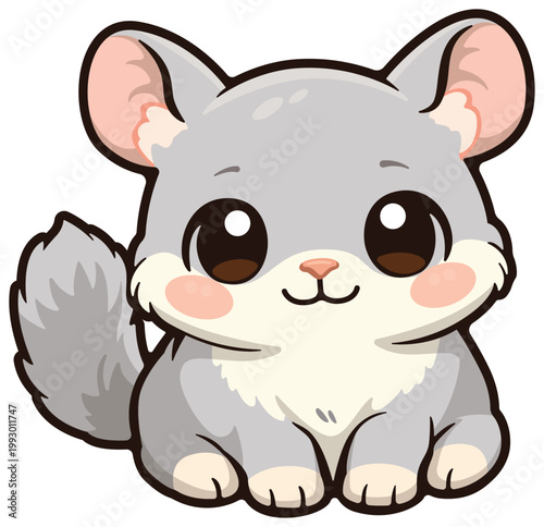 Chinchilla's endearing charm: A cute cartoon chinchilla with a fluffy tail and endearing features. With big eyes, this lovable creature promises cuddles and affection.