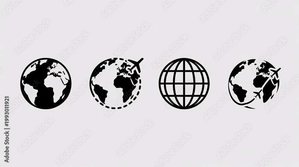 Fototapeta premium A set of black and white globe icons on a light gray background