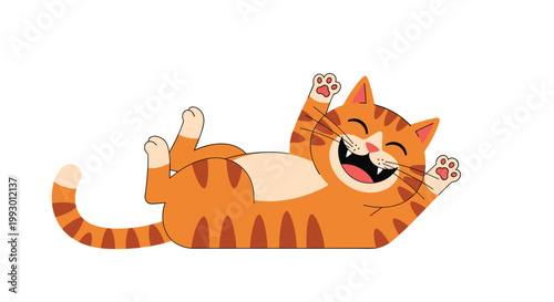 Playful orange tabby cat lying on its back with its paws up in the air and laughing with a huge smile showing joy and happiness at home.