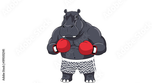 Strong muscular hippopotamus wearing red boxing gloves and patterned shorts standing in a determined fighting pose on a white background for sports.