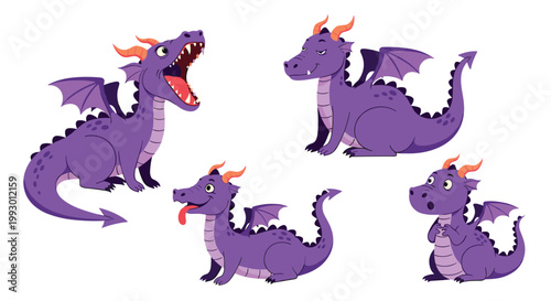 Collection of cute purple cartoon dragons with orange horns and wings expressing different emotions on a white background.
