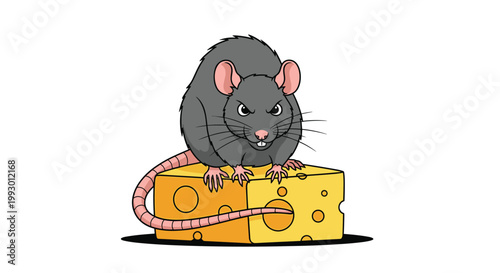 Grumpy cartoon rat with a long tail standing on top of a big piece of yellow swiss cheese with holes on a white background.