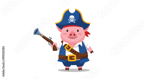 Adorable pink cartoon pig dressed as a pirate captain wearing a hat with a skull and holding a vintage blunderbuss gun.