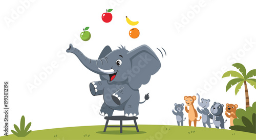Happy circus elephant performing a juggling act with colorful fruits on a small stool while other jungle animals watch and cheer.
