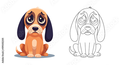 Sad little puppy with big eyes shown in both full color and black and white line art versions for coloring.