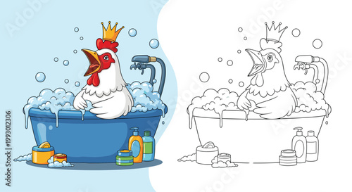 Royal cartoon chicken wearing a gold crown while relaxing in a bubble bath shown in color and line art versions.