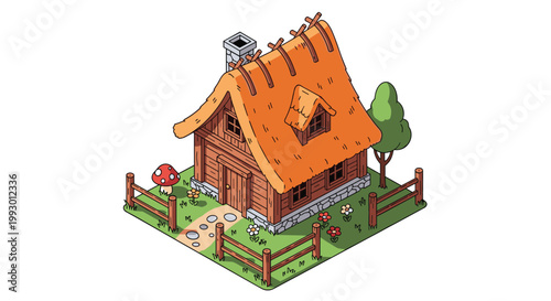 Isometric illustration of a cozy wooden cottage with a thatched roof, stone chimney, and a small garden with a fence.