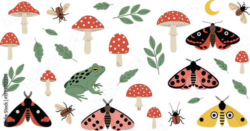 Seafood icons Forest nature set with mushrooms insects moths frog leaves and woodland elements 