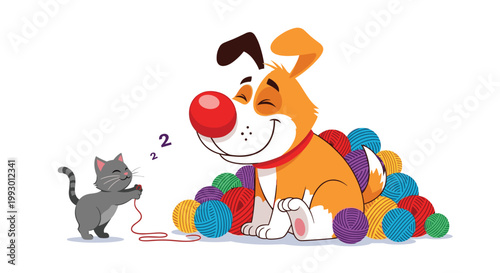 Happy cartoon dog with a red nose and a small gray cat playing together with a large pile of colorful yarn balls.
