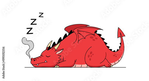 Cute red dragon lying down and sleeping peacefully with smoke puffs and zzz symbols over its head against a clean white background.