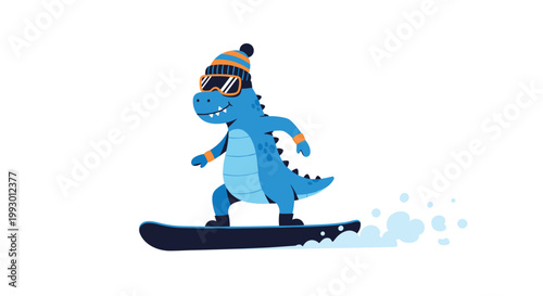 Cool blue dinosaur character snowboarding through the snow while wearing a striped winter hat and goggles on a white background.
