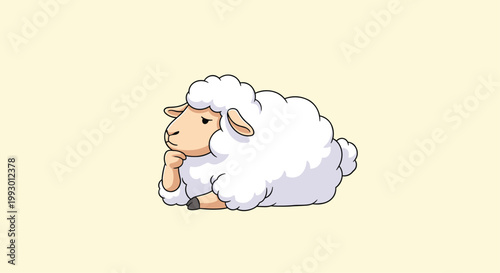 Thoughtful white sheep cartoon character lying down with a hoof on its chin while appearing to be in deep contemplation on a light yellow.