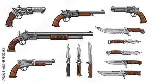 Selection of vintage western weapons including several revolvers and various knives with wooden handles on a clean white background.