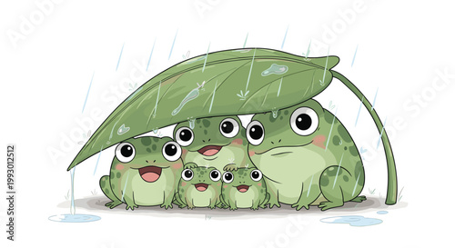 Family of green frogs huddling together for shelter under a big green leaf during a rainy day in the forest for children.