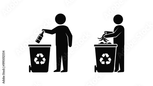 Two figures disposing of waste into recycling bins a stark silhouette