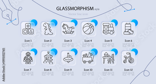 Kids toys set icon. Shape blocks toy, dinosaur figure, rocking horse, beach ball, toy train, building bricks, robot toy, nursery mobile, spinning top, toy wagon animals, kids table chair