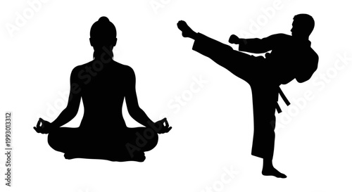 Martial arts and yoga silhouettes, karate fighter performing high kick and woman in lotus meditation pose, black vector icons on white background