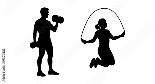Fitness silhouettes of man lifting dumbbells and woman jumping rope, gym workout icons, athletic people training vector set for health and wellness