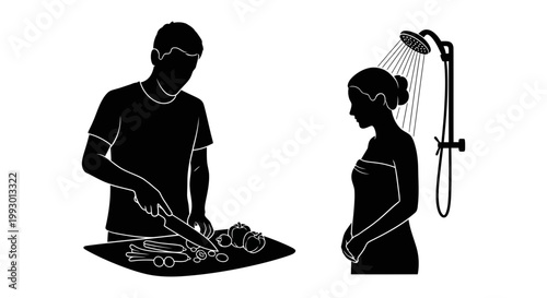 Black silhouette vector of man cooking vegetables and woman taking a shower, daily routine activities, domestic life and hygiene icons