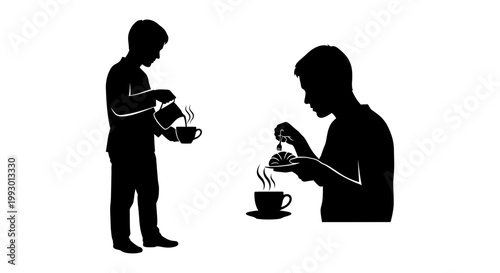 Barista silhouette pouring milk into coffee cup, man eating breakfast with hot beverage, black and white vector icons for cafe and restaurant branding