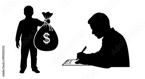 Business silhouette of man holding money bag and person signing contract, financial agreement and investment concept, black and white vector illustration