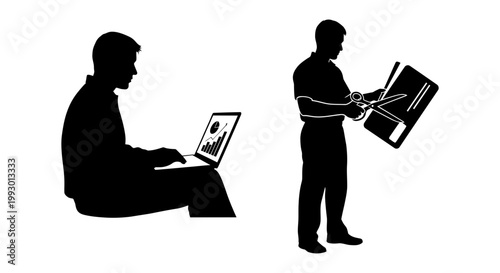 Business silhouette set of man working on laptop and man cutting credit card with scissors, financial debt and digital work concept vector
