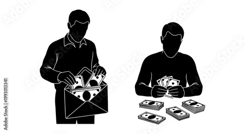 Corruption and bribery silhouette vector, man putting cash in envelope, person counting money stacks, financial crime and illegal payment concept